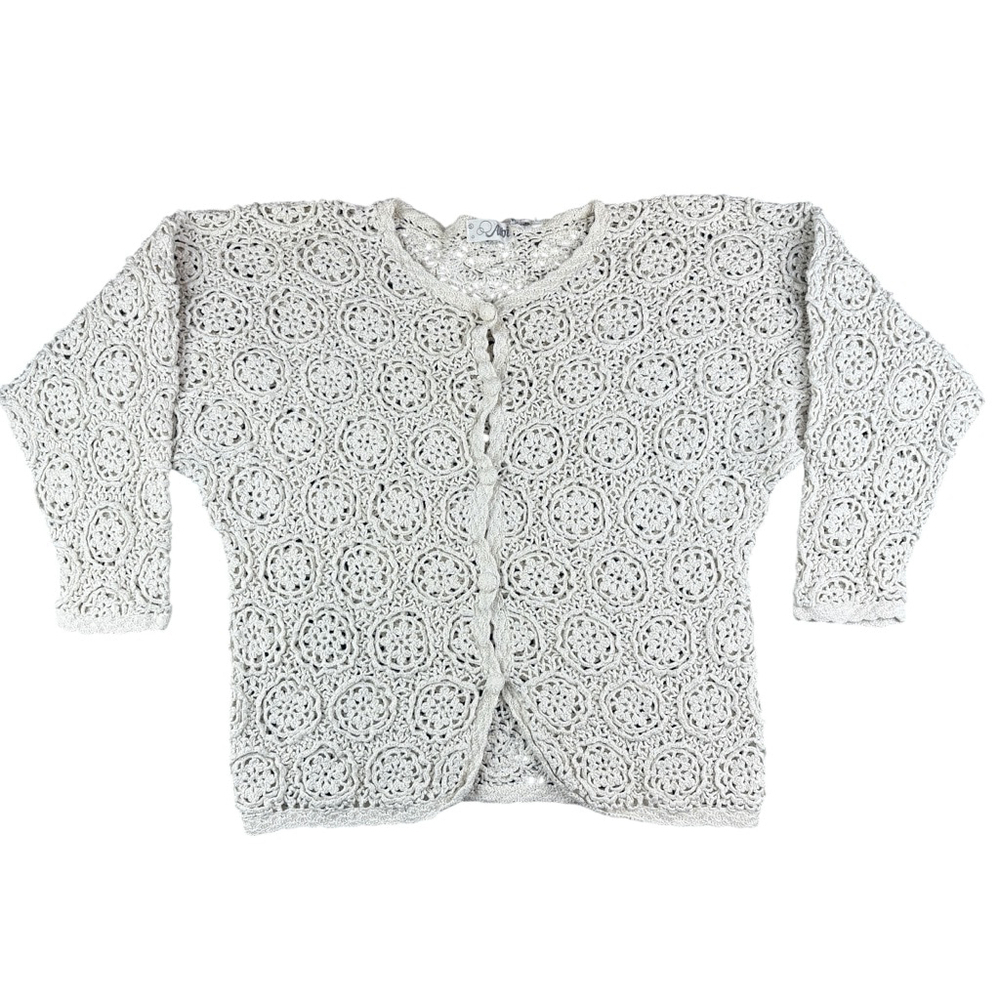 Vintage Alibi Ivory Crochet Knit Cardigan Prairie Hippie Boho Size SMALL